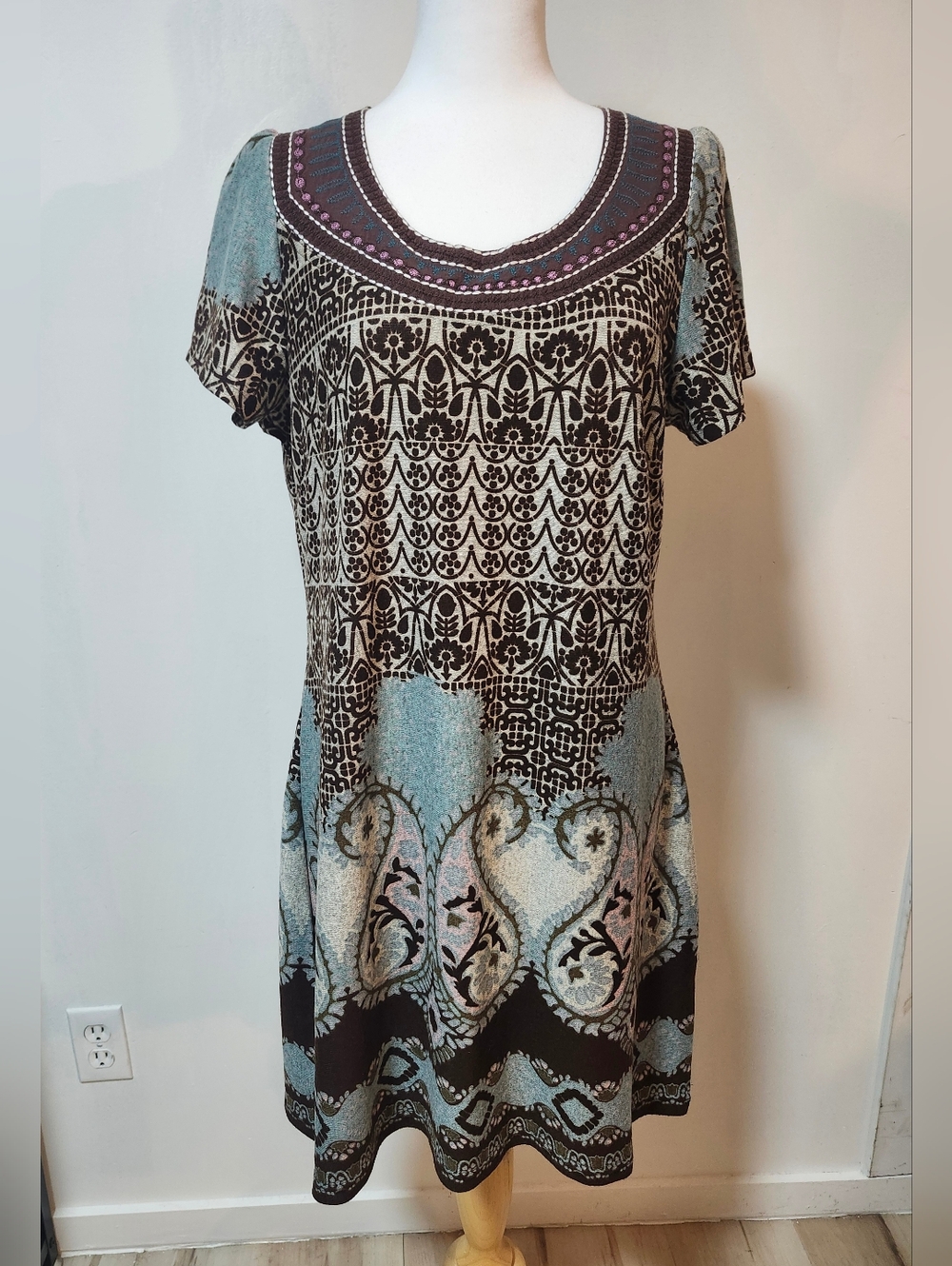Papillon Boho Patterned Short Sleeve Tunic Dress in Teal and Brown
